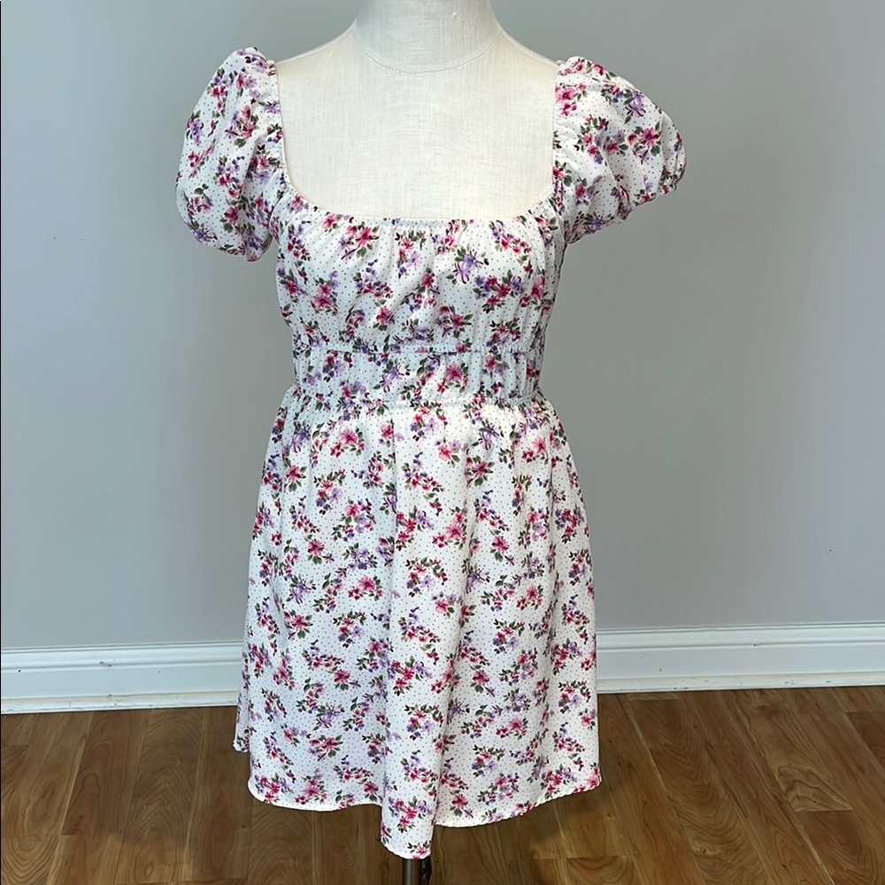 Altar’d State cream pink purple ditsy Floral Puff Sleeve Dress size XS